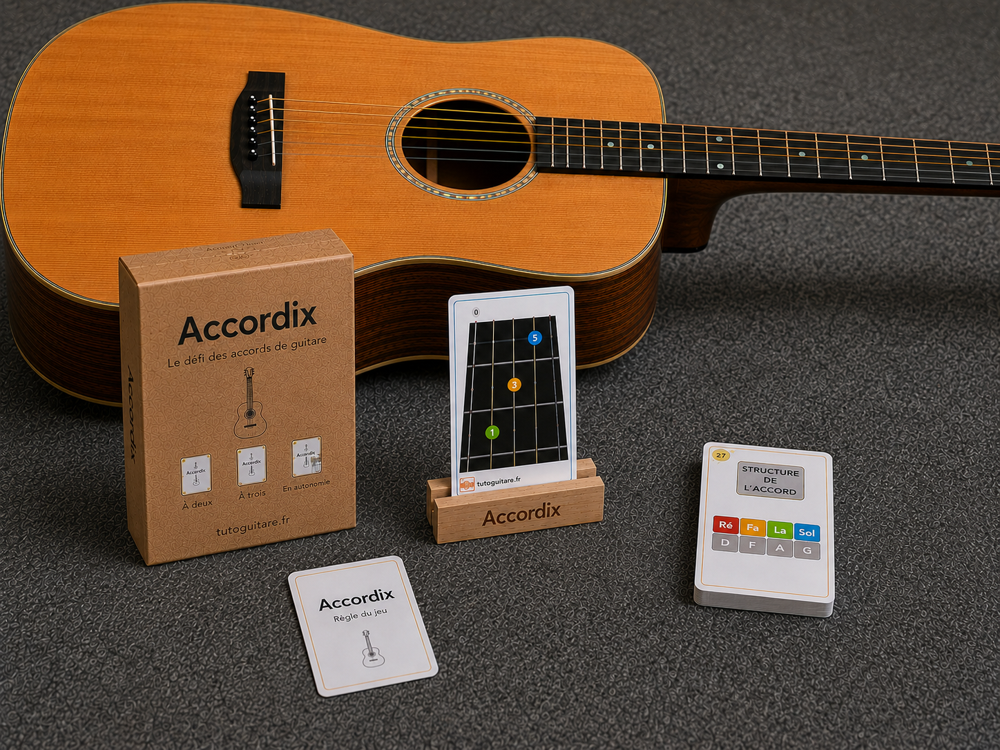Accordix : boîte, cartes et support sur une guitare