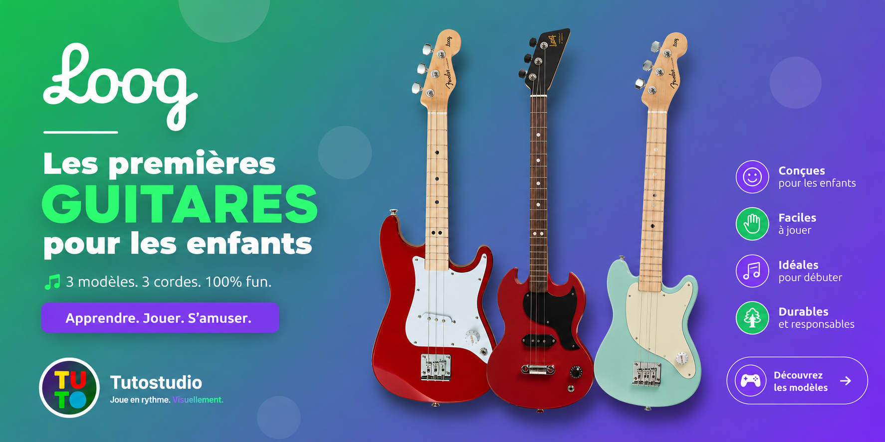 Bannière : guitares Loog by Fender et Loog by Gibson